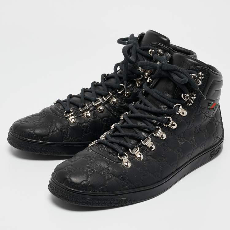 مملوكة مسبقًا Gucci Black Guccissima Leather Web High Top Sneakers Size 44