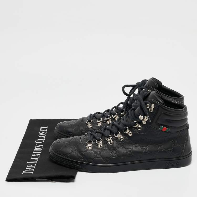 مملوكة مسبقًا Gucci Black Guccissima Leather Web High Top Sneakers Size 44