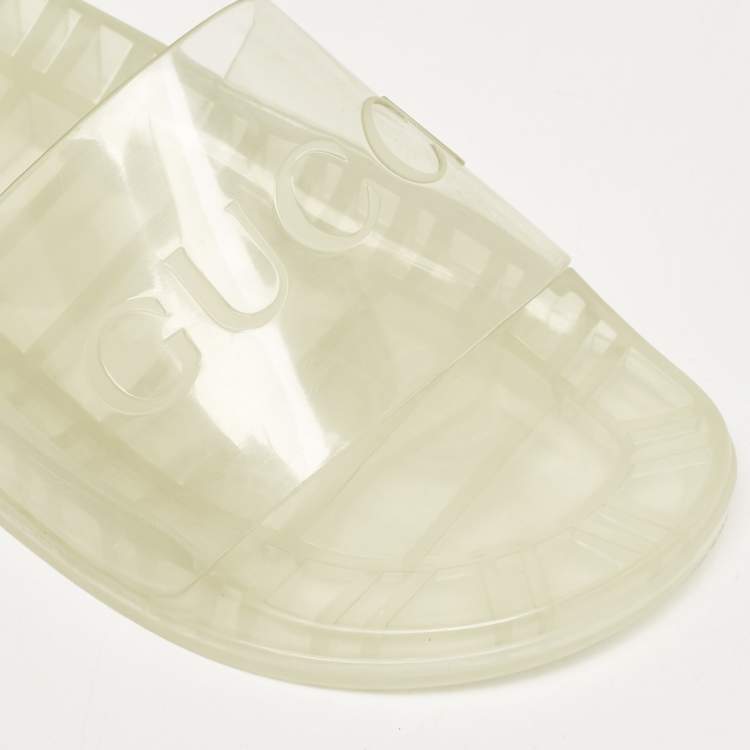 Pre Owned Gucci Transparent Rubber Logo Slide Sandals Size 44