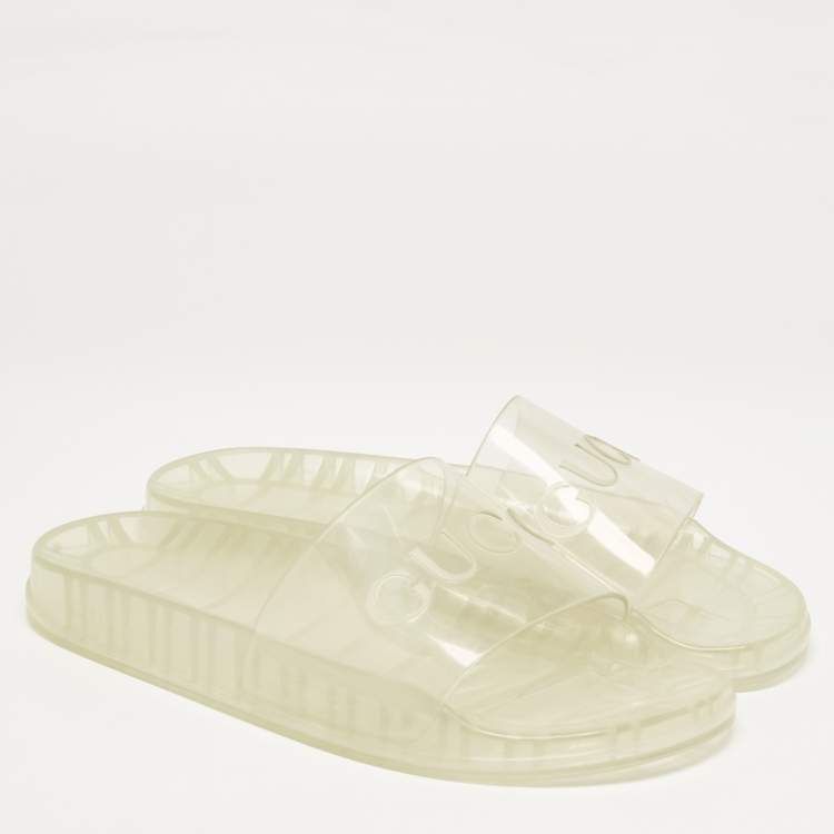 Pre Owned Gucci Transparent Rubber Logo Slide Sandals Size 44