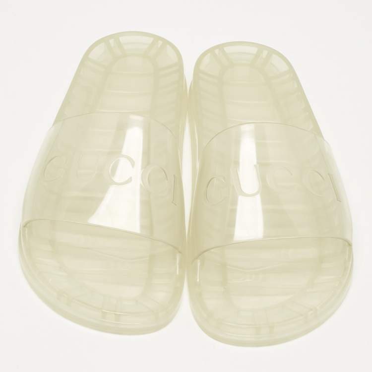 Pre Owned Gucci Transparent Rubber Logo Slide Sandals Size 44