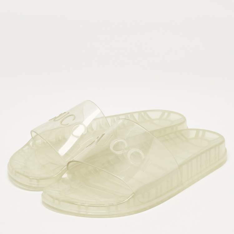 Pre Owned Gucci Transparent Rubber Logo Slide Sandals Size 44