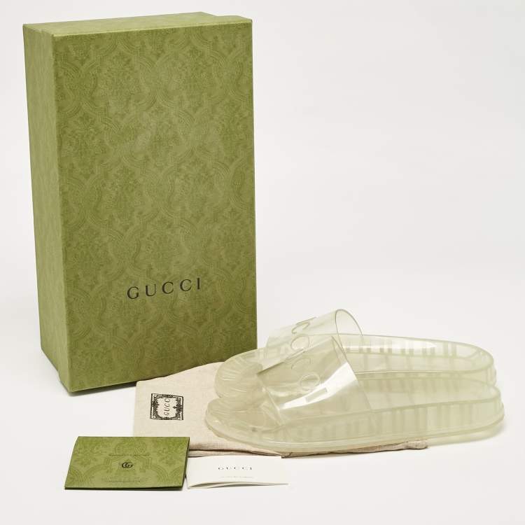 Pre Owned Gucci Transparent Rubber Logo Slide Sandals Size 44