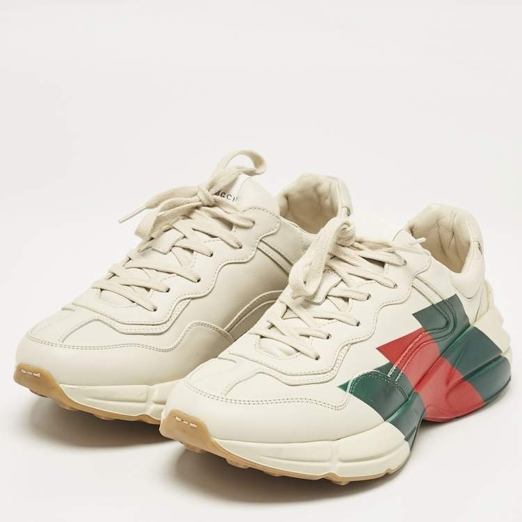 Pre Owned Gucci Cream Leather Web Rhyton Sneakers Size 41