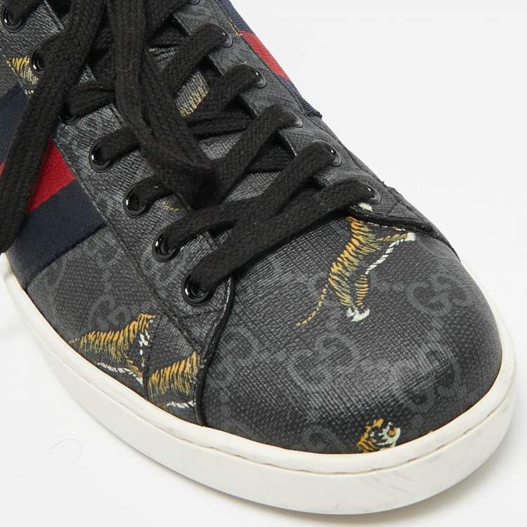 Pre Owned Gucci Black GG Supreme Canvas Tiger Print Ace Sneakers Size 41.5