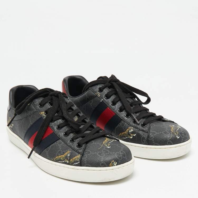 Pre Owned Gucci Black GG Supreme Canvas Tiger Print Ace Sneakers Size 41.5