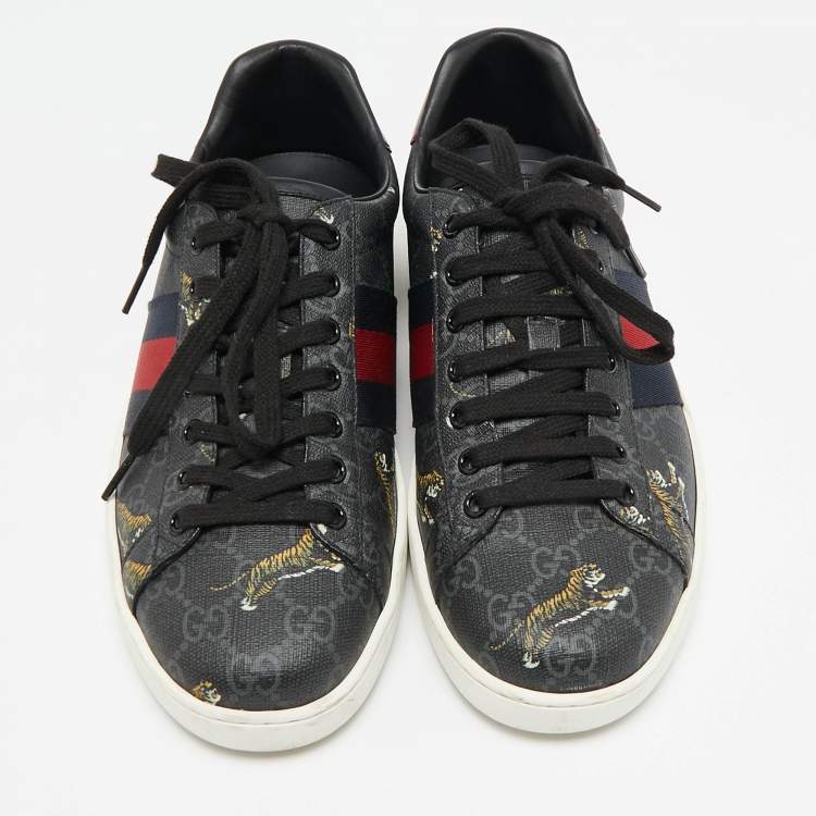 Pre Owned Gucci Black GG Supreme Canvas Tiger Print Ace Sneakers Size 41.5