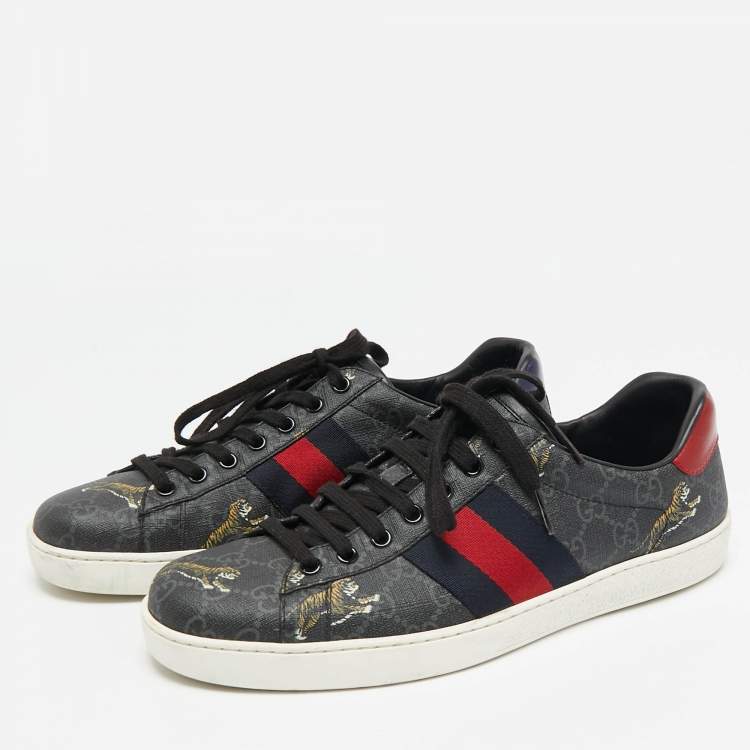 Pre Owned Gucci Black GG Supreme Canvas Tiger Print Ace Sneakers Size 41.5