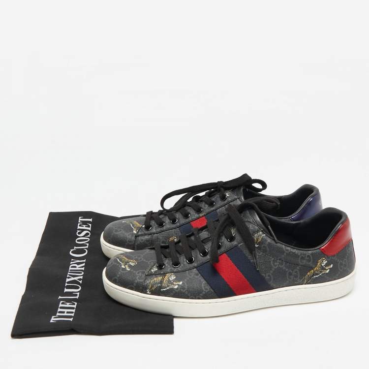 Pre Owned Gucci Black GG Supreme Canvas Tiger Print Ace Sneakers Size 41.5