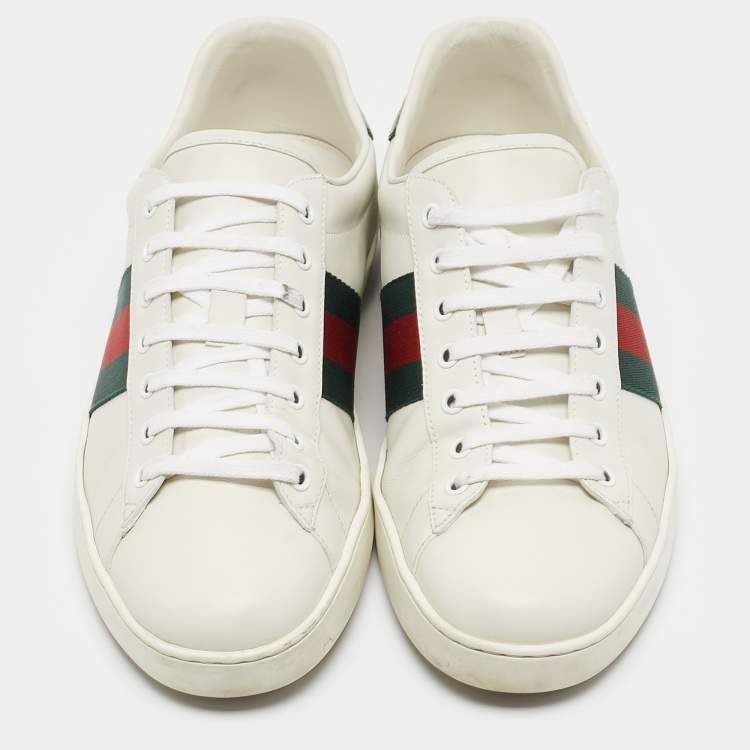 Pre Owned Gucci White Crocodile Leather and Leather Ace Lace Up Sneakers Size 44.5