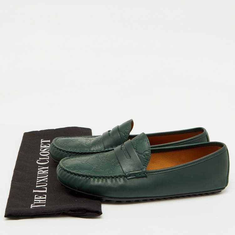 Pre Owned Gucci Dark Green Guccissima Leather Slip On Loafers Size 42.5
