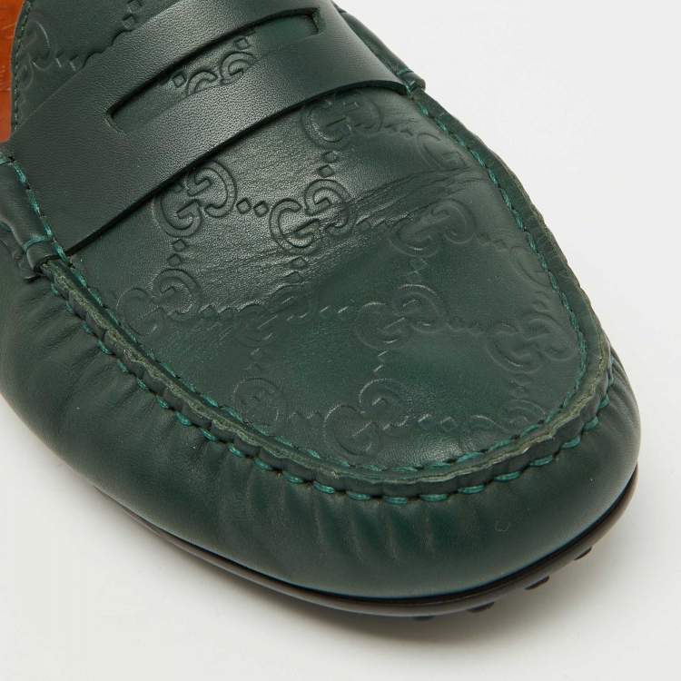 Pre Owned Gucci Dark Green Guccissima Leather Slip On Loafers Size 42.5