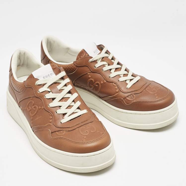 Pre Owned Gucci Brown Jumbo GG Embossed Leather Low Top Sneakers Size 42.5