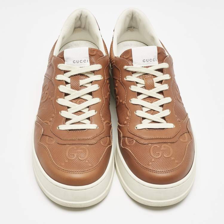 Pre Owned Gucci Brown Jumbo GG Embossed Leather Low Top Sneakers Size 42.5