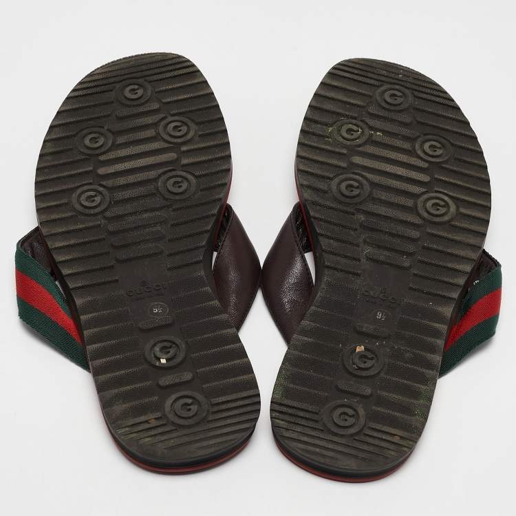 Pre Owned Gucci Dark Brown Web Canvas and Guccissima Leather Thong Flats Size 43.5