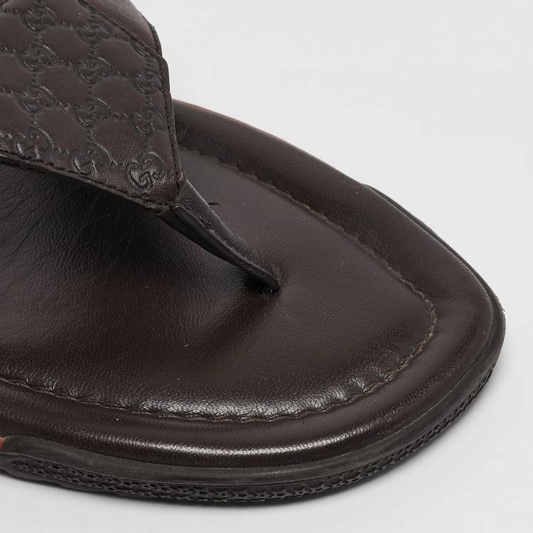 Pre Owned Gucci Dark Brown Web Canvas and Guccissima Leather Thong Flats Size 43.5