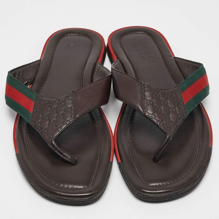 Pre Owned Gucci Dark Brown Web Canvas and Guccissima Leather Thong Flats Size 43.5