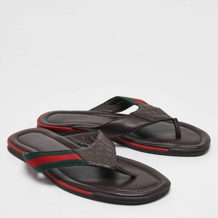 Pre Owned Gucci Dark Brown Web Canvas and Guccissima Leather Thong Flats Size 43.5
