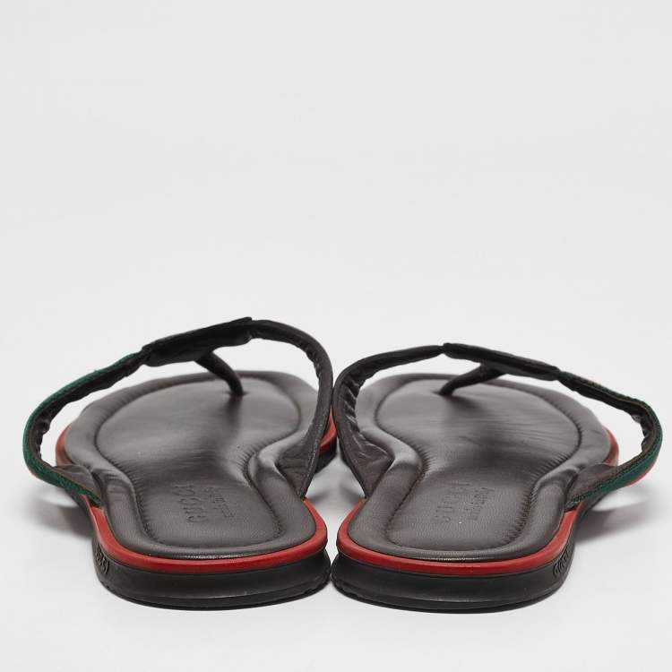 Pre Owned Gucci Dark Brown Web Canvas and Guccissima Leather Thong Flats Size 43.5