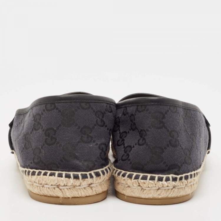 Pre Owned Gucci Black/Blue GG Canvas and Leather Espadrille Flats Size 44.5