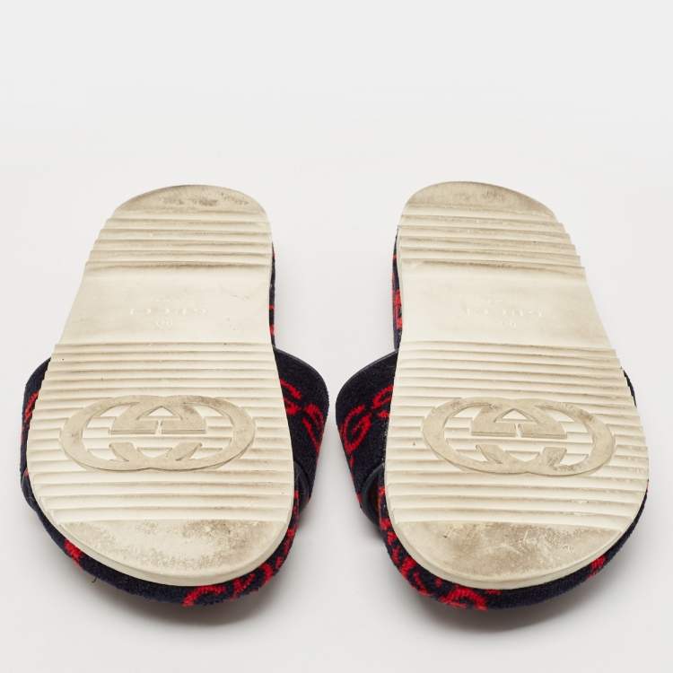 Pre Owned Gucci Navy Blue/Red GG Velvet Flat Slide Sandals Size 42