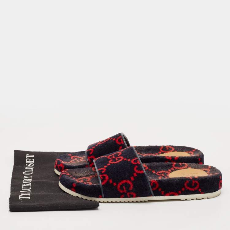 Pre Owned Gucci Navy Blue/Red GG Velvet Flat Slide Sandals Size 42
