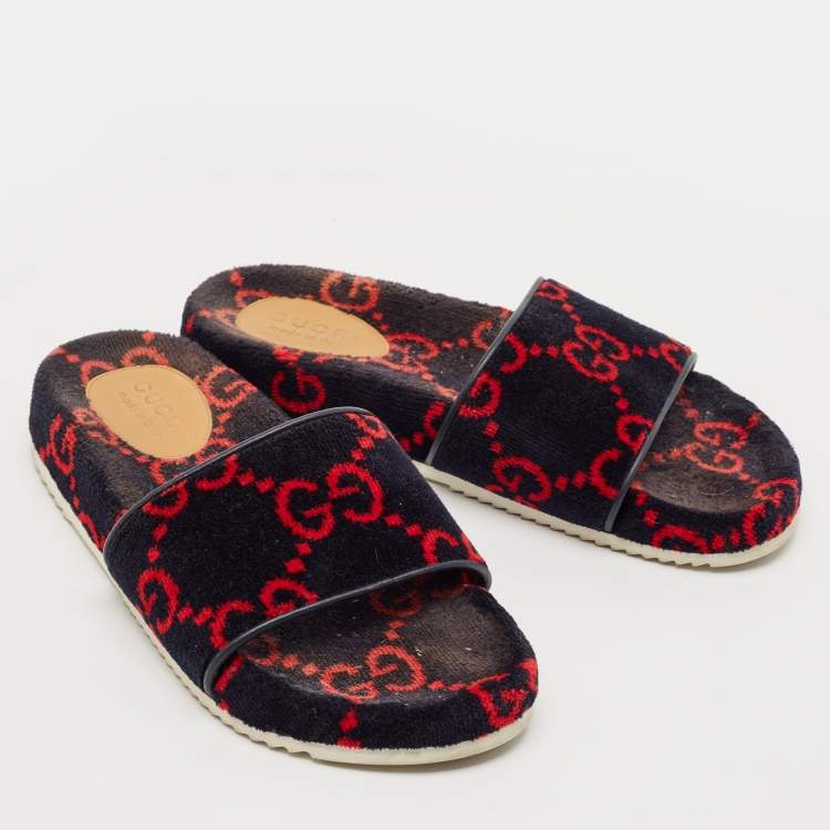 Pre Owned Gucci Navy Blue/Red GG Velvet Flat Slide Sandals Size 42