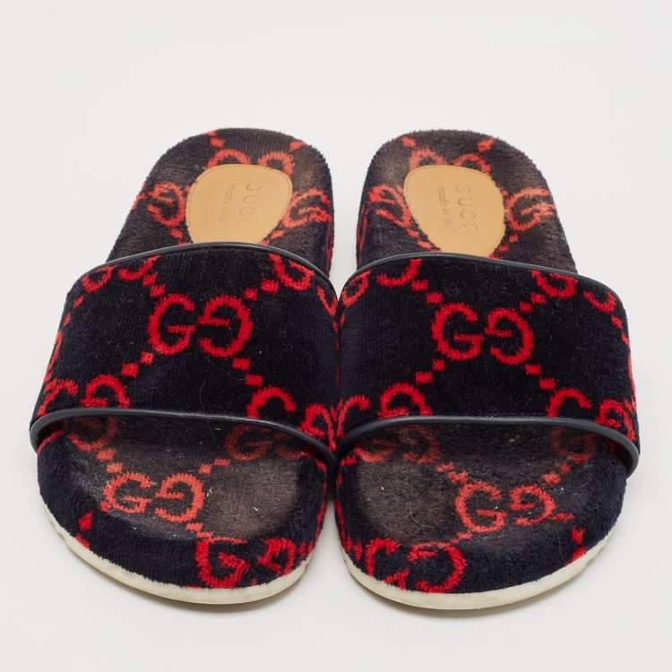 Pre Owned Gucci Navy Blue/Red GG Velvet Flat Slide Sandals Size 42