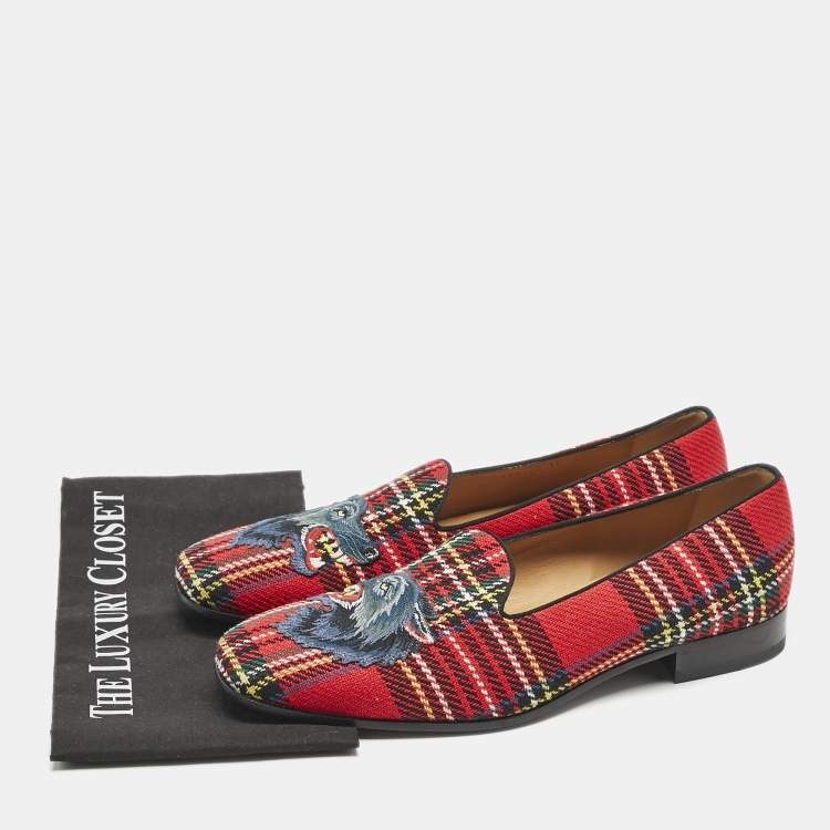 Pre Owned Gucci Multicolor Tartan Canvas Wolf Embroidered Slip On Loafers Size 44