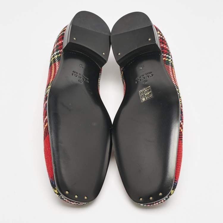 Pre Owned Gucci Multicolor Tartan Canvas Wolf Embroidered Slip On Loafers Size 44