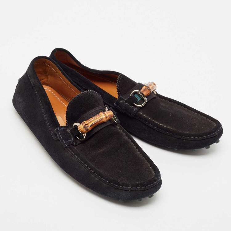 Pre Owned Gucci Black Suede Bamboo Horsebit Slip On Loafers Size 44.5