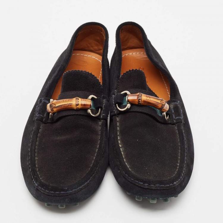 Pre Owned Gucci Black Suede Bamboo Horsebit Slip On Loafers Size 44.5