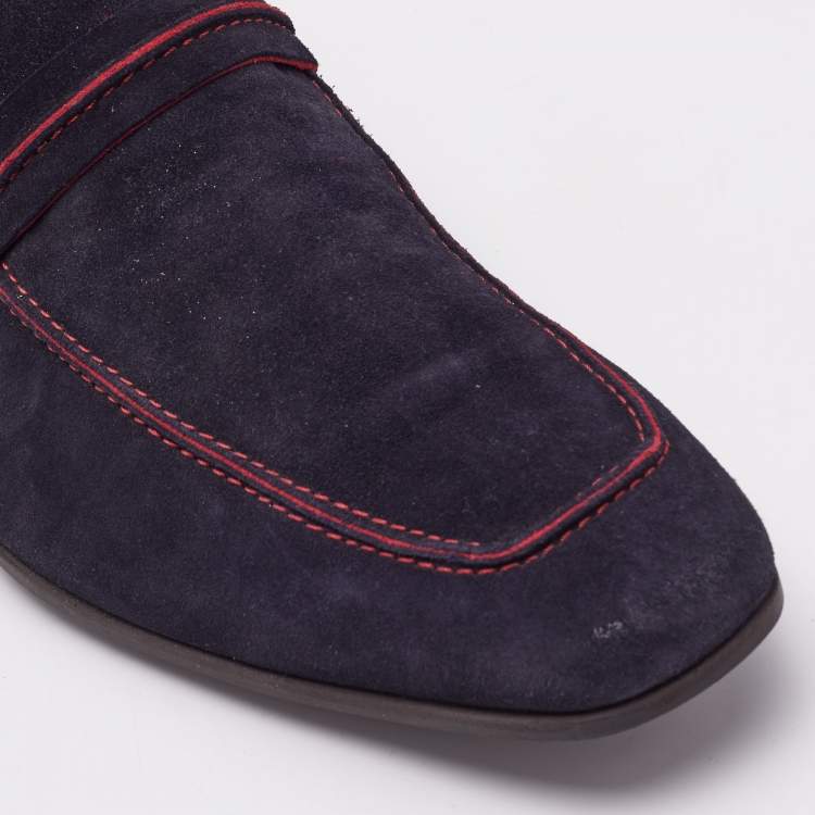 Pre Owned Gucci Navy Blue Suede Slip On  Loafers Size 44