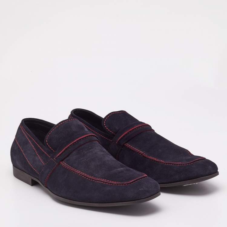 Pre Owned Gucci Navy Blue Suede Slip On  Loafers Size 44