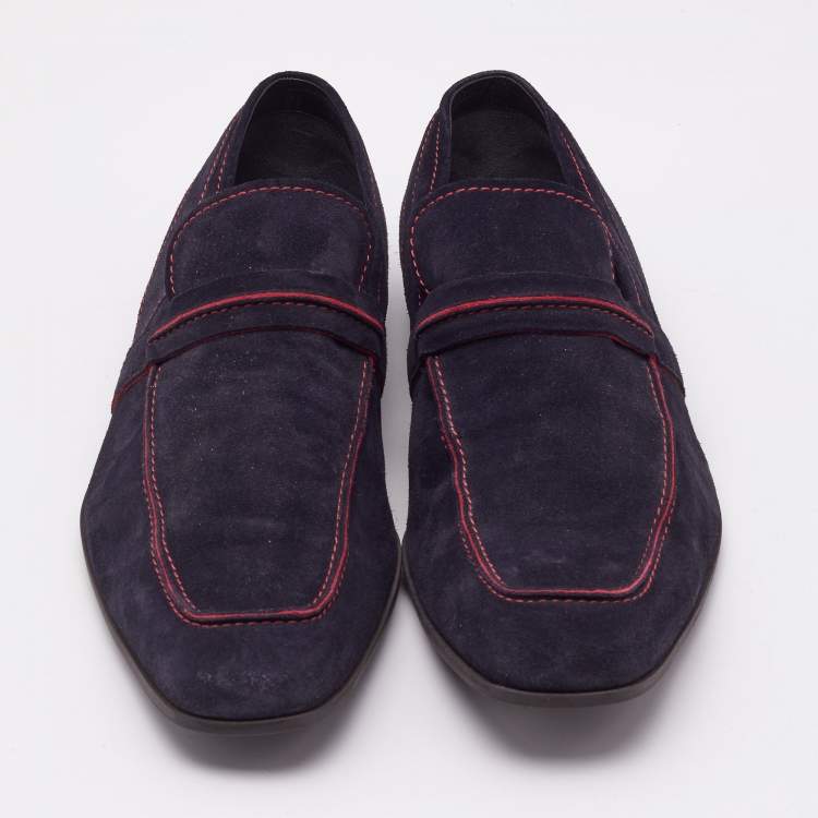 Pre Owned Gucci Navy Blue Suede Slip On  Loafers Size 44