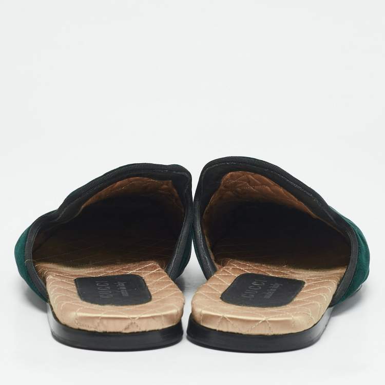 Pre Owned Gucci Dark Green Velvet Crystal Embellished Snake Flat Mules Size 43