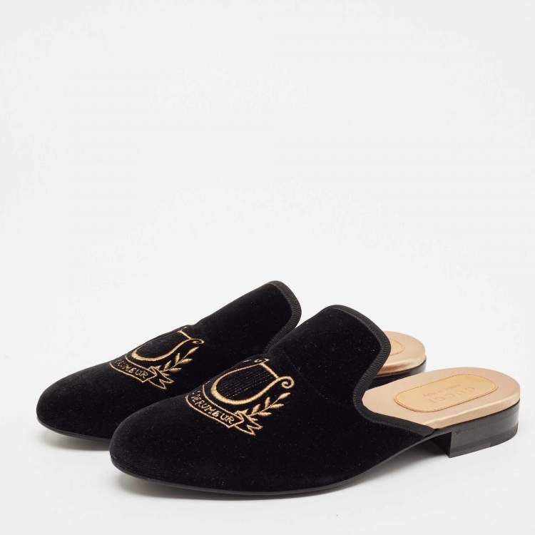 Pre Owned Gucci Black Velvet Pas De Rumeur Embroidered Flat Mules Size 44