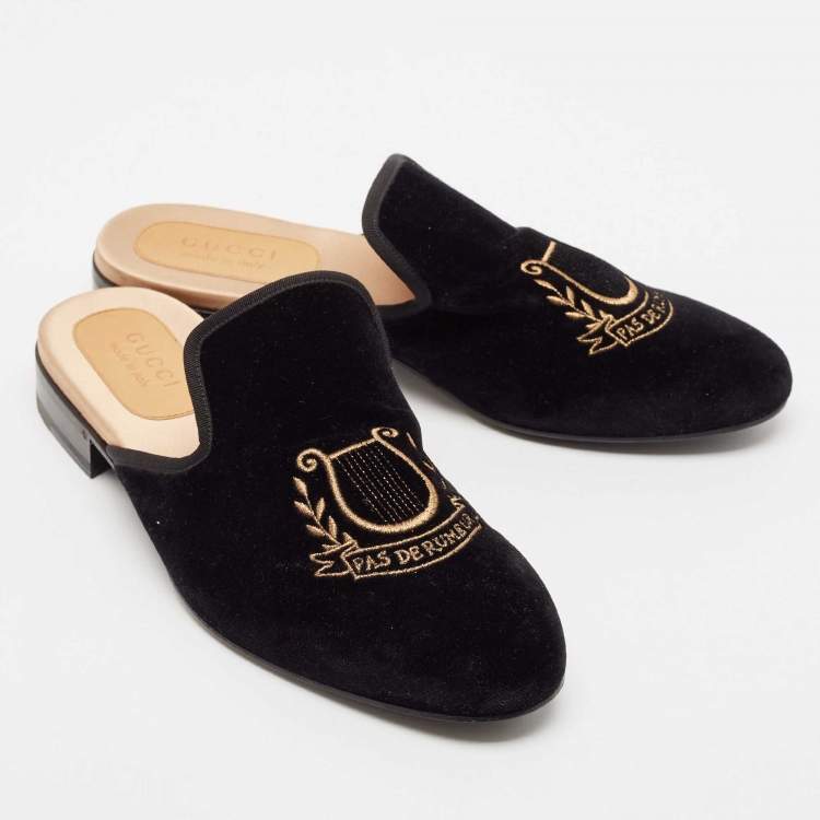 Pre Owned Gucci Black Velvet Pas De Rumeur Embroidered Flat Mules Size 44