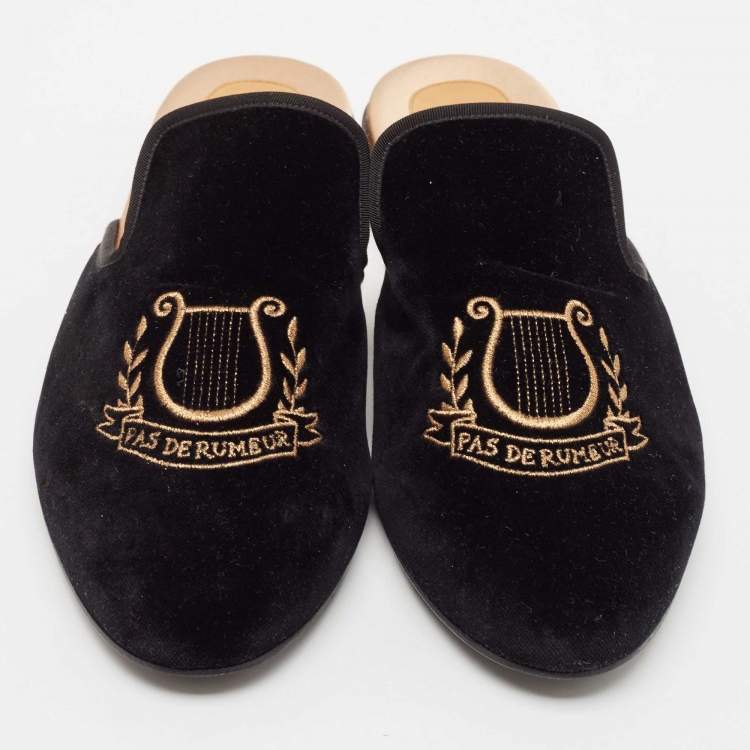 Pre Owned Gucci Black Velvet Pas De Rumeur Embroidered Flat Mules Size 44
