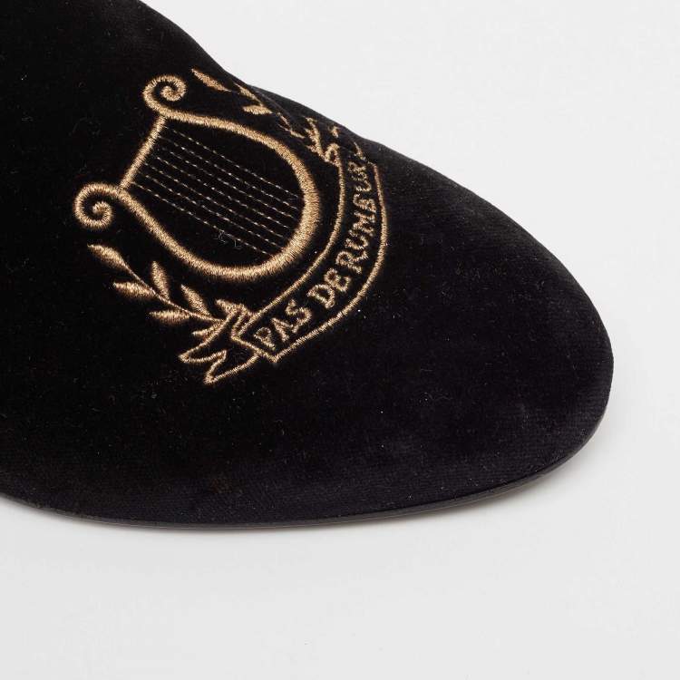 Pre Owned Gucci Black Velvet Pas De Rumeur Embroidered Flat Mules Size 44