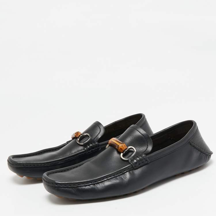 Pre Owned Gucci Black Leather Bamboo Horsebit Web Detail Loafers Size 43