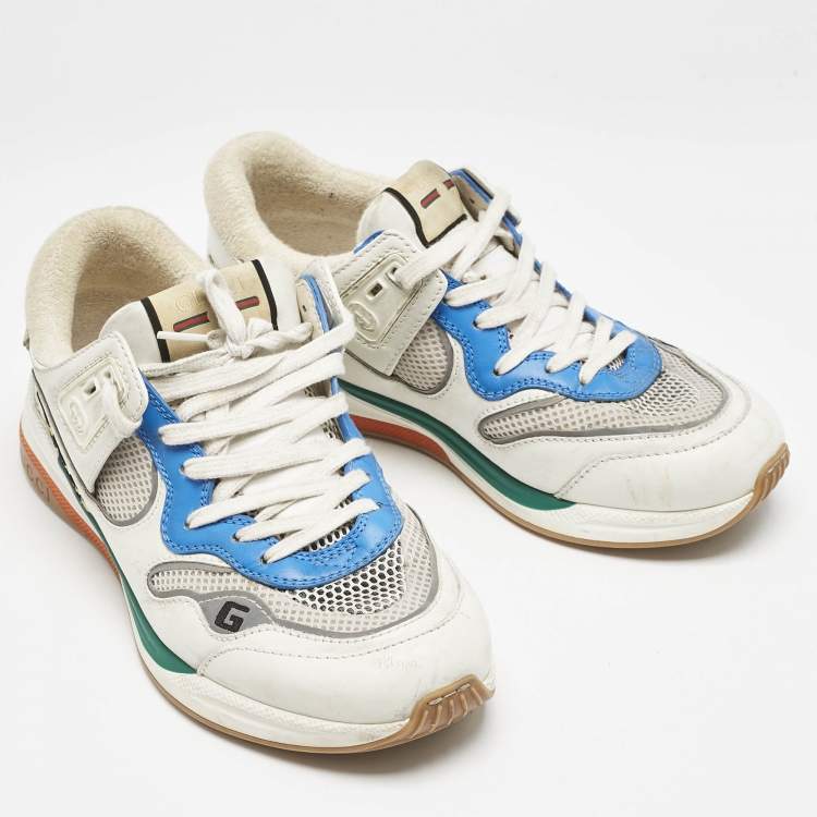 Pre Owned Gucci White/Blue Leather and Mesh Ultrapace Sneakers Size 41.5