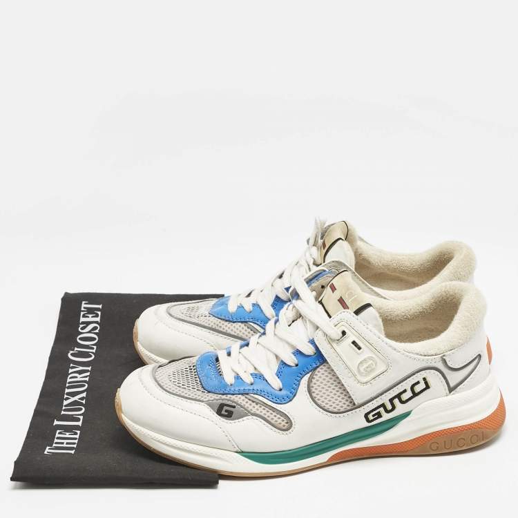 Pre Owned Gucci White/Blue Leather and Mesh Ultrapace Sneakers Size 41.5