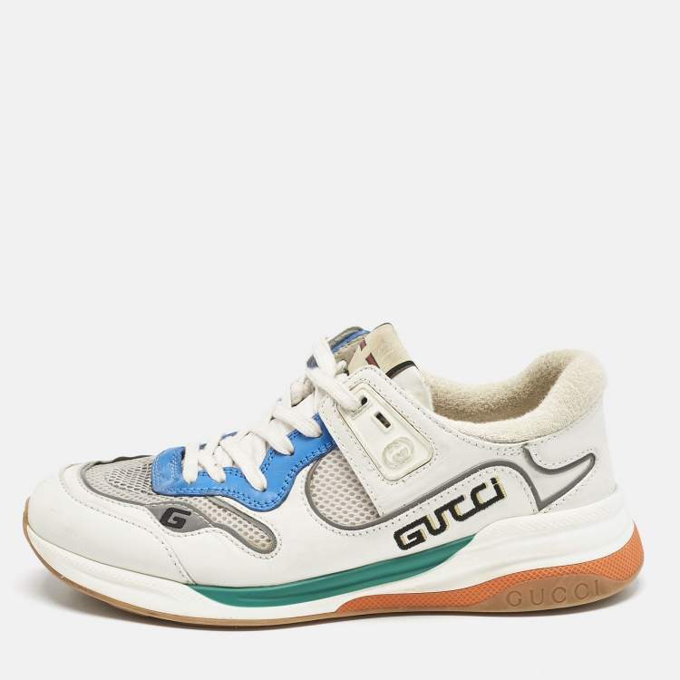 Pre Owned Gucci White/Blue Leather and Mesh Ultrapace Sneakers Size 41.5