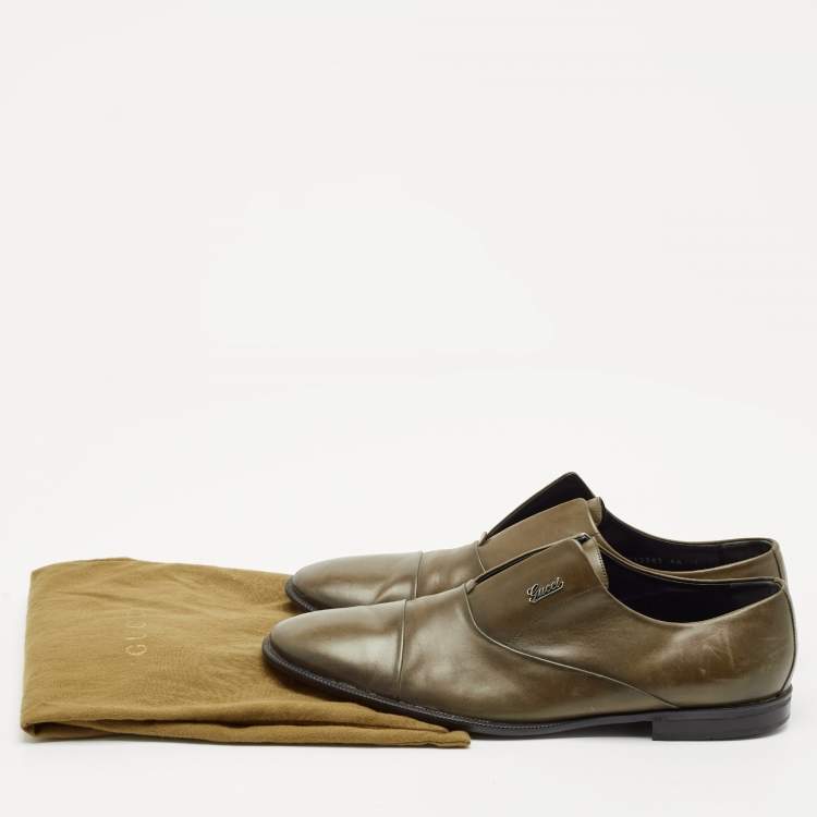 Pre Owned Gucci Olive Green Leather Cap Toe  Slip On Oxfords Size 44