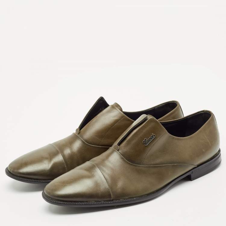 Pre Owned Gucci Olive Green Leather Cap Toe  Slip On Oxfords Size 44