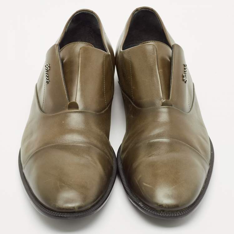 Pre Owned Gucci Olive Green Leather Cap Toe  Slip On Oxfords Size 44