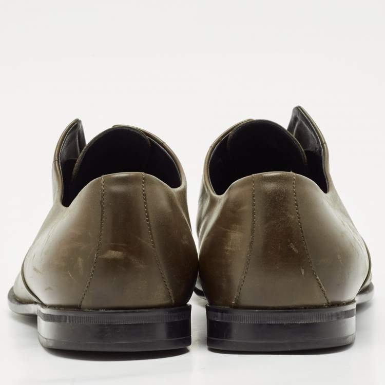 Pre Owned Gucci Olive Green Leather Cap Toe  Slip On Oxfords Size 44