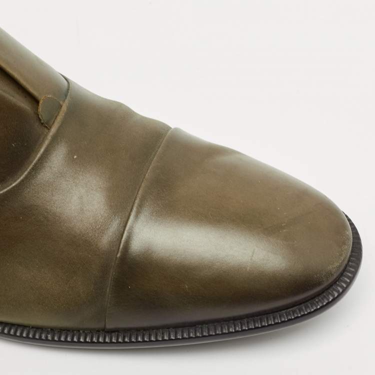 Pre Owned Gucci Olive Green Leather Cap Toe  Slip On Oxfords Size 44