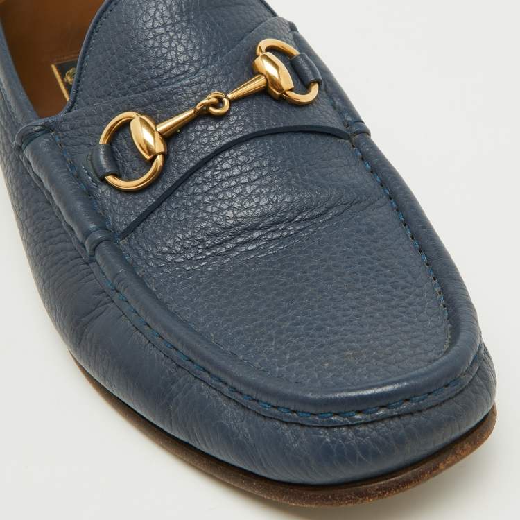 Pre Owned Gucci Navy Blue Leather Horsebit Detail Slip On Loafers Size 42.5